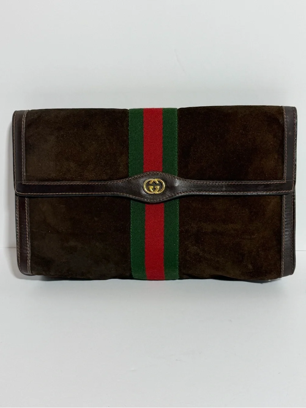 Gucci Brown Suede Clutch Bag with Green and Red Web Stripe